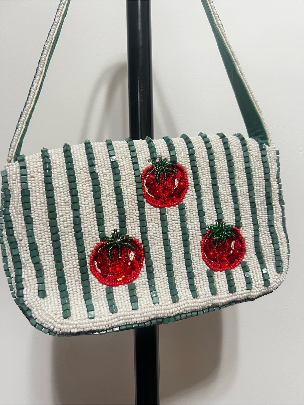 Beaded Tomato Stripe Shoulder Bag in Green and White - Picture 5 of 5